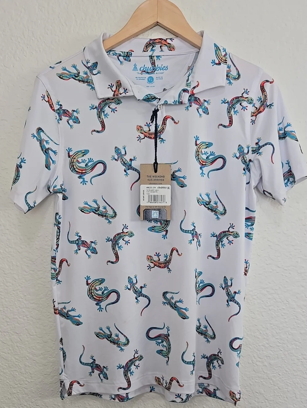 chubbies White Polo with Multicolor Gecko Print